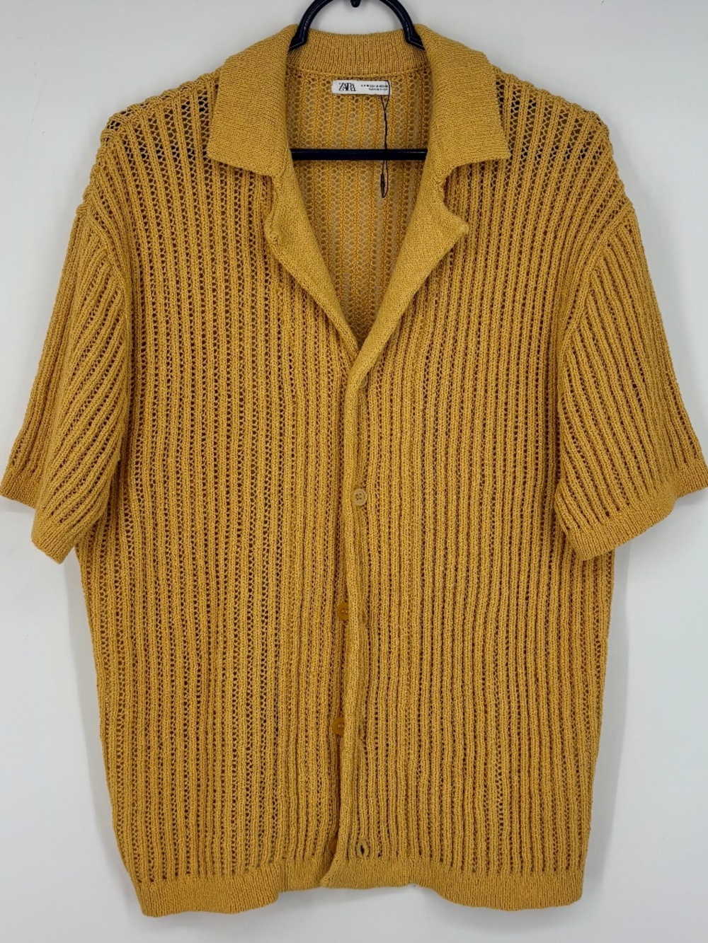 Zara Mens Medium Button Front Cardigan Sweater Polo Collar Mustard Gold Short Sl